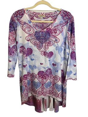 One World Blouse‎ Women's Medium Tunic Hearts Paisley Boho Lightweight Purple